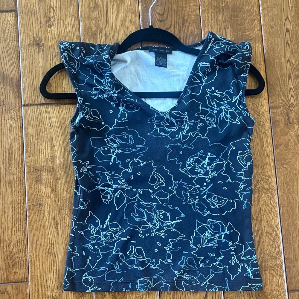 The Limited Black Tank Top with Mint Floral Outline